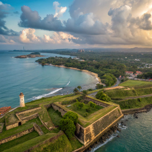 A panoramic view of the ancient Galle Fort in Sri Lanka. Lush greenery and intricate stone walls surround the area. The fort overlooks a tranquil ocean with a deep blue hue. The sky is dotted with clouds, casting a serene ambiance over the scene.