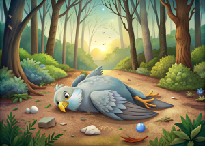 children's illustration a bird with a broken wing lies on the ground in the forest