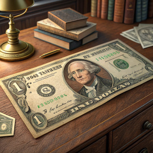 A crisp new dollar bill featuring George Washington's portrait, placed on a vintage wooden desk.