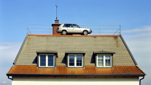 a car on a house roof