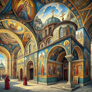 Digital artwork showcasing the vibrant and detailed frescoes at Rila Monastery in Bulgaria. Intricate religious scenes and figures dominate the walls and ceilings, rendered in a palette of vivid colors.