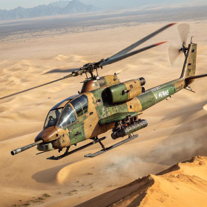 AH-1W SuperCobra military helicopter in desert camouflage. Loaded with missiles. Flying over sandy terrain.