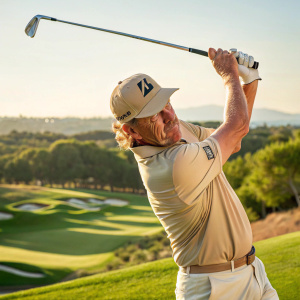 Miguel Angel Jimenez, Spanish golfer, performing a powerful golf swing on a sunny day. He wears a light beige cap and matching golf shirt. Background shows a lush golf course with rolling greens.