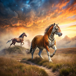 Generate a image of a Tiger sitting upon Horse. And Horse is Running in a Ground