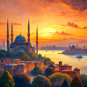 I request a drawing depicting the Bosphorus view of Istanbul at sunset. The color palette should include warm tones of sunset