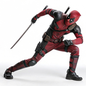 Wade Wilson, aka Deadpool, posing dramatically in a sleek studio. Clad in signature red and black costume, wielding a sword. Background is minimalist white, highlighting the character's agility and intensity.