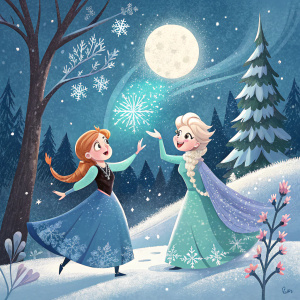Frozen Fever cartoon scene. Anna and Elsa in winter wonderland. Snowflakes falling
