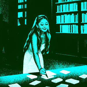 Ariana Grande, with long, wavy, silver hair, posing at a book signing event. Thank you notes scattered around.