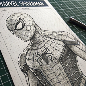 A detailed black and white illustration of Spiderman's suit on graph paper. The artwork showcases intricate web patterns and is labeled 'Marvel Spiderman'.