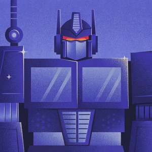 Highly detailed render of Optimus Prime from the Transformers series. Cybertronian warrior in his signature red, blue, and silver armor. Visible from head to toe with intricate lighting and shadow effects