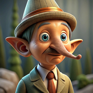 Generate me a pinocchio style cartoon with a long nose, ultra realistic, cinematic