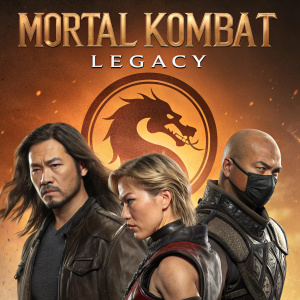 Promotional poster for Mortal Kombat: Legacy. Characters include a long-haired man, a bald man, a Caucasian woman with short hair, and an Asian man in a mask. Set against a backdrop with a stylized dragon emblem, featuring a dynamic group pose. Warm color palette with orange and brown hues, complemented by metallic accents.