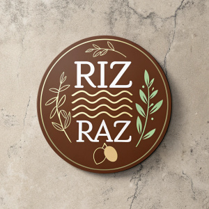 Riz Raz logo, modern mediterranean brand, circular shape, brown background, rustic texture