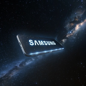 A sleek, modern 3D render of the Samsung logo floating in space.