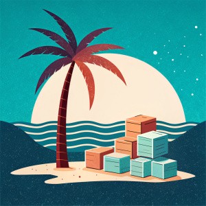 Simple shore with water and few packaged paper boxes and transport palettes on the beach under a palm tree, add 1 sun. it all should look tempting to open the boxes and the whole thing in simple playful style