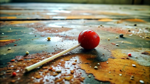 a candy on the very dirty table