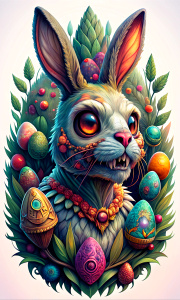 zombie bunny and chick, tshirt design, excellent tattoo logo, easter, 32K, super clear quality, transparent quality, visual films, radiance around, eggs, stones, flight, White Background