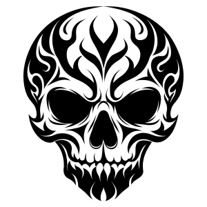 Black and white skull tattoo design on a white background.