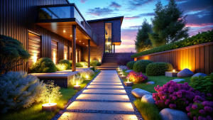 Modern gardening landscaping design details. Illuminated pathway in front of residential house. Landscape garden with ambient lighting system installation highlighting flowers plants