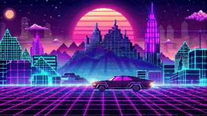 "90s Sci-Fi and Cyberpunk Pixel Art": A repeating pixel art background featuring retro-futuristic elements like flying cars, CRT monitors, neon signs, and futuristic cityscapes. The design uses dark colors with neon highlights, inspired by 90s cyberpunk and sci-fi aesthetics.
