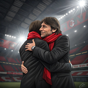 Antonio Conte hugging a fellow coach. Both wearing identical black suits with red scarves. Indoor stadium with bright spotlights.