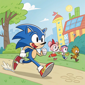 Cartoon rendering of Sonic the Hedgehog and friends. Playful, vibrant scene.
