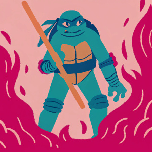Leonardo, the Teenage Mutant Ninja Turtle, wielding a wooden staff in a heroic pose. Surrounded by digital flames on a white background.