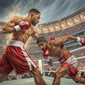 Kell Brook and Amir Khan, in their boxing shorts and gloves, amidst a bustling stadium filled with cheering spectators. Kell Brook lunges forward, Amir Khan tucks into a defensive posture