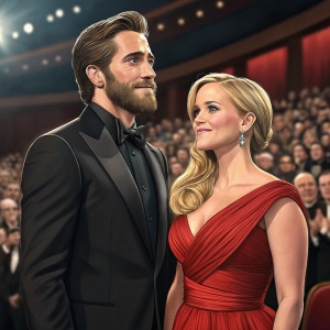 Jake Gyllenhaal and Reese Witherspoon at an exclusive awards ceremony. Both are wearing formal attire. Jake in a sleek black suit and Reese in a stunning red gown. The audience is a blur behind them.