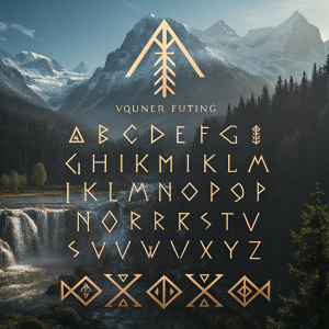Vintage and modern fusion font design featuring Younger Futhark runes. Bold yet delicate style. Perfect for branding and logos. Shown in a sleek, contemporary layout.