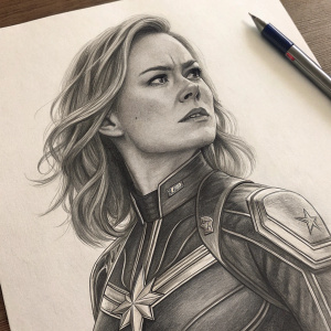 Realistic charcoal drawing of Carol Danvers. Wearing full Captain Marvel uniform. Determined expression. Sketch on paper