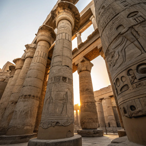 Close-up of towering stone pillars at an ancient Greek temple. Intricate carvings and detailed engravings are highlighted by the soft afternoon light. The pillars form a dense cluster, casting long shadows that emphasize the textures and patterns.