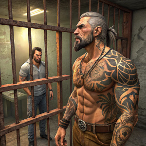 A 3D video game scene featuring a rugged, tattooed man with a fierce look standing in a dingy jail cell. Beside him, a gentler-looking man is confined. The jail cell is made of rusty metal bars, adding to the grim atmosphere. Close-up view emphasizing the characters' detailed designs.