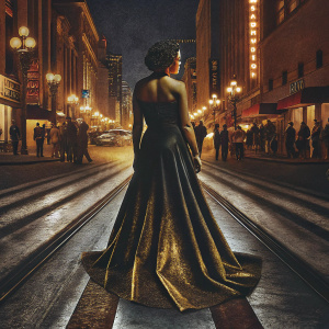 Tatiana Ali, dressed in a black and gold gown, attends a Hollywood film premiere. The backdrop is the bustling street of a metropolitan city