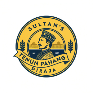 Digital art for Sultan's Tenun Pahang Diraja rebrand. Vintage inspired logo in deep yellow with dark accents. Classic design with modern twist. Prominent mention of brand's legacy since 1960.