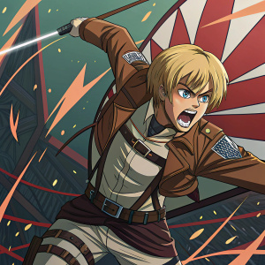 Armin, a character from Attack on Titan, in a dynamic action pose. Background filled with complex geometric shapes and bold colors
