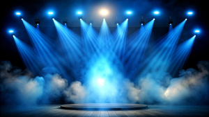 Illuminated stage with scenic lights and smoke. Blue vector spotlight with smoke volume light effect on black background. Stadium cloudiness projector, Generative AI