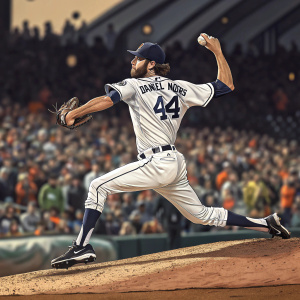 Daniel Norris in mid-pitch at a baseball stadium. White uniform, 44 jersey. Crowd blurry in background.