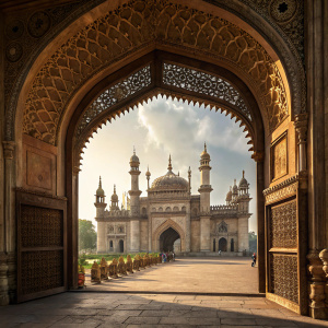 A digitally crafted illustration showcasing a grand archway adorned with intricate wooden and stone designs. The archway frames an ancient stone building featuring numerous spires and ornate details.