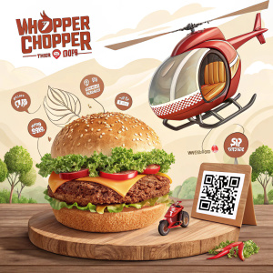Creative advertisement for Whopper Chopper. Whopper burger in funny shape. Appealing colors, fun graphics, and text. QR codes for interactive features.