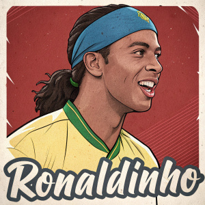 Cartoon trading card featuring Ronaldinho. He's wearing a blue and green headband. His name 'RONALDINHO' is displayed below in bold letters. The background is solid red. The illustration is in a simple, graphic style with bold colors.