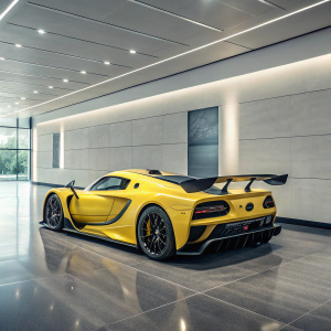 The 2019 Hennessey Venom F5, a high-performance supercar. Yellow body, aerodynamic design, rear wing. Displayed in a sleek, modern showroom.
