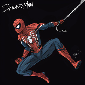 Digital illustration of Spiderman in action pose. Spiderman swinging with webbing, against solid black background. Bold lines, vibrant colors, artist's signature