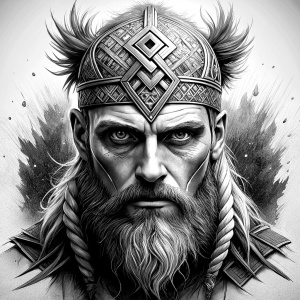 walhalla, viking warrior,  runics face, black work, white backrounds