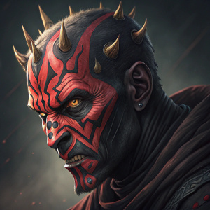 Close-up of Darth Maul's menacing visage. Dark, intense gaze. Jagged, fiery-red design on his face. Intense focus, sharp features, golden-like teeth.