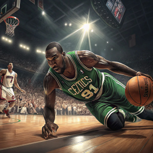 Kendrick Perkins, dressed in Celtics jersey, diving on the court to steal the ball from a Miami Heat player. Bright stadium lights, crowd cheering in the background.
