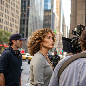 Jennifer Lopez, with curly hair and a gray top, shooting a movie scene on a bustling city street. Another actor and a crew member are partially visible. Modern urban buildings in the background.