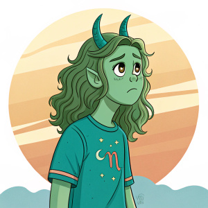 Digital illustration of a cartoon character. Green skin, long wavy hair, teal t-shirt with mystical horns. Sad expression. Warm gradient background