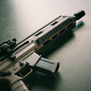 Hyper-realistic 3D rendering of the ARX-160 assault rifle. Features include long barrel, tactical stock, and modular design with camouflage finish. Set against a dark, neutral backdrop.