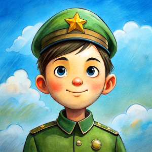 a little defender of the fatherland in military uniform smiles against the background of a clear blue sky